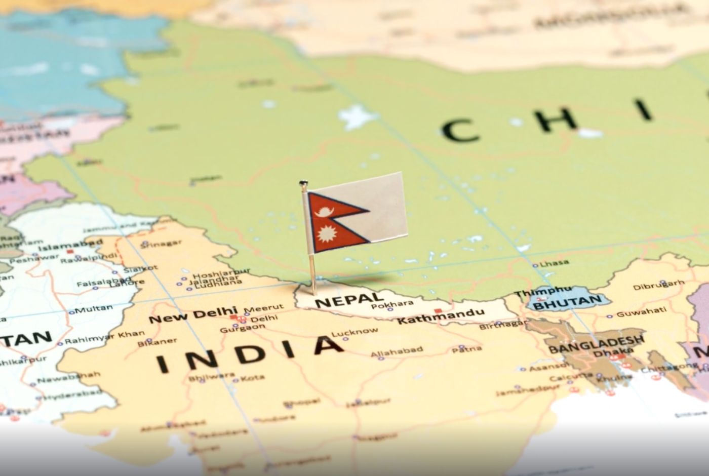 Nepal located between India and China, showing its distinct Himalayan identity